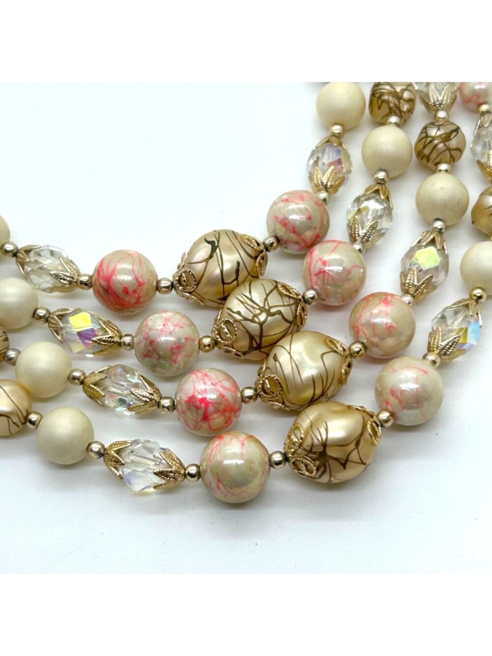 Vintage 4-Strand Japan Necklace Pink Swirl Beads Glass Acrylic Gold-Tone 1950s - Picture 10 of 16